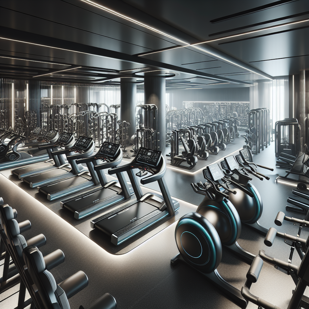 A detailed, realistic depiction of a modern commercial gym with advanced fitness equipment.