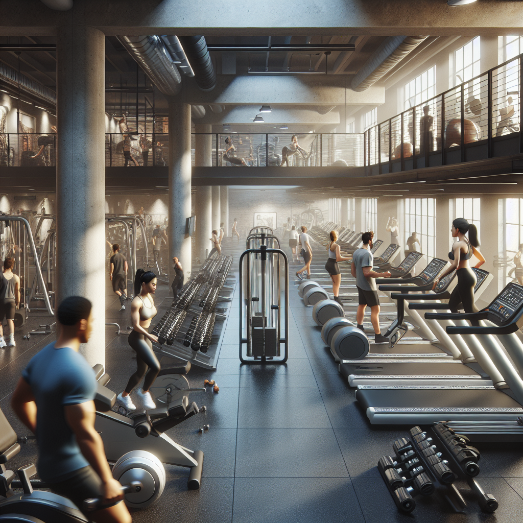 A realistic depiction of a modern commercial gym with various fitness equipment.