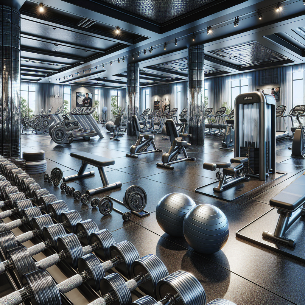 Realistic image of gym equipment arranged in an organized studio setting.