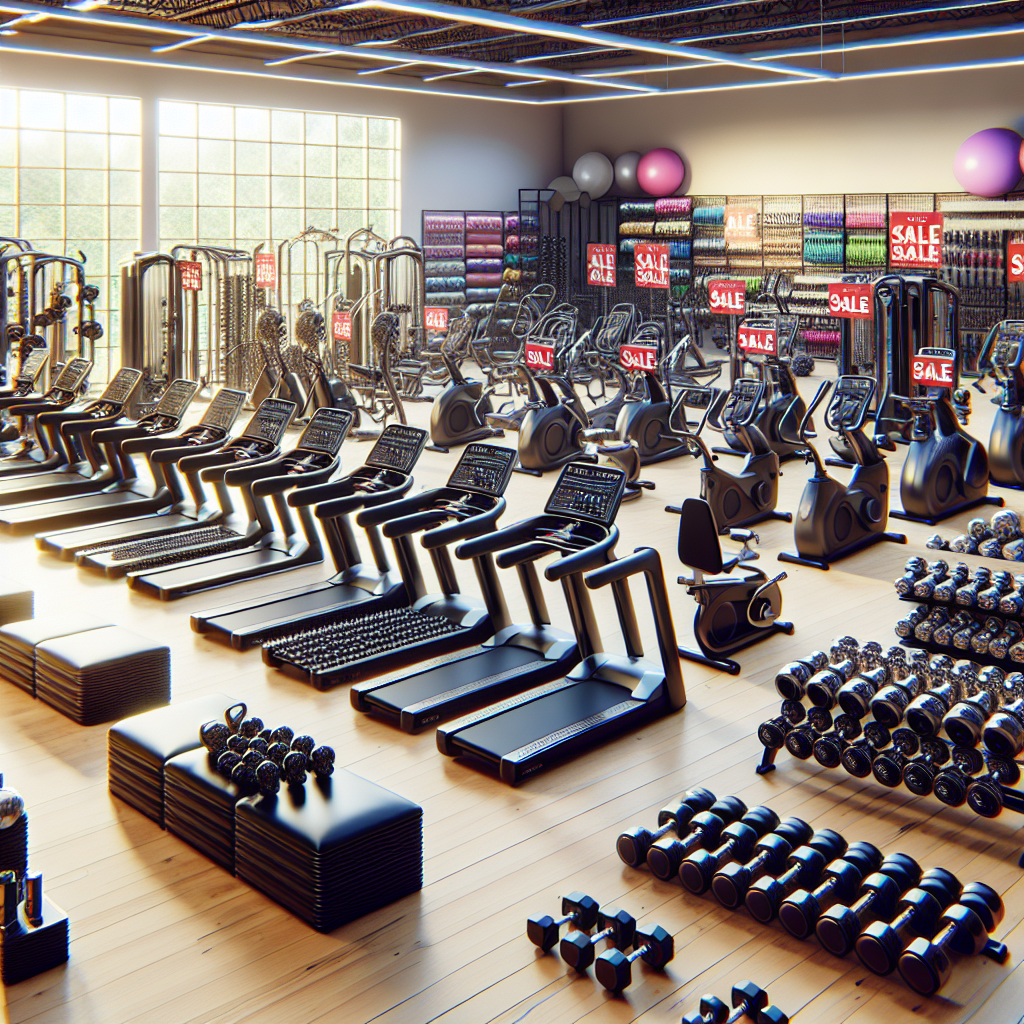 A realistic image of gym equipment on sale in a well-lit gym with sale signs.