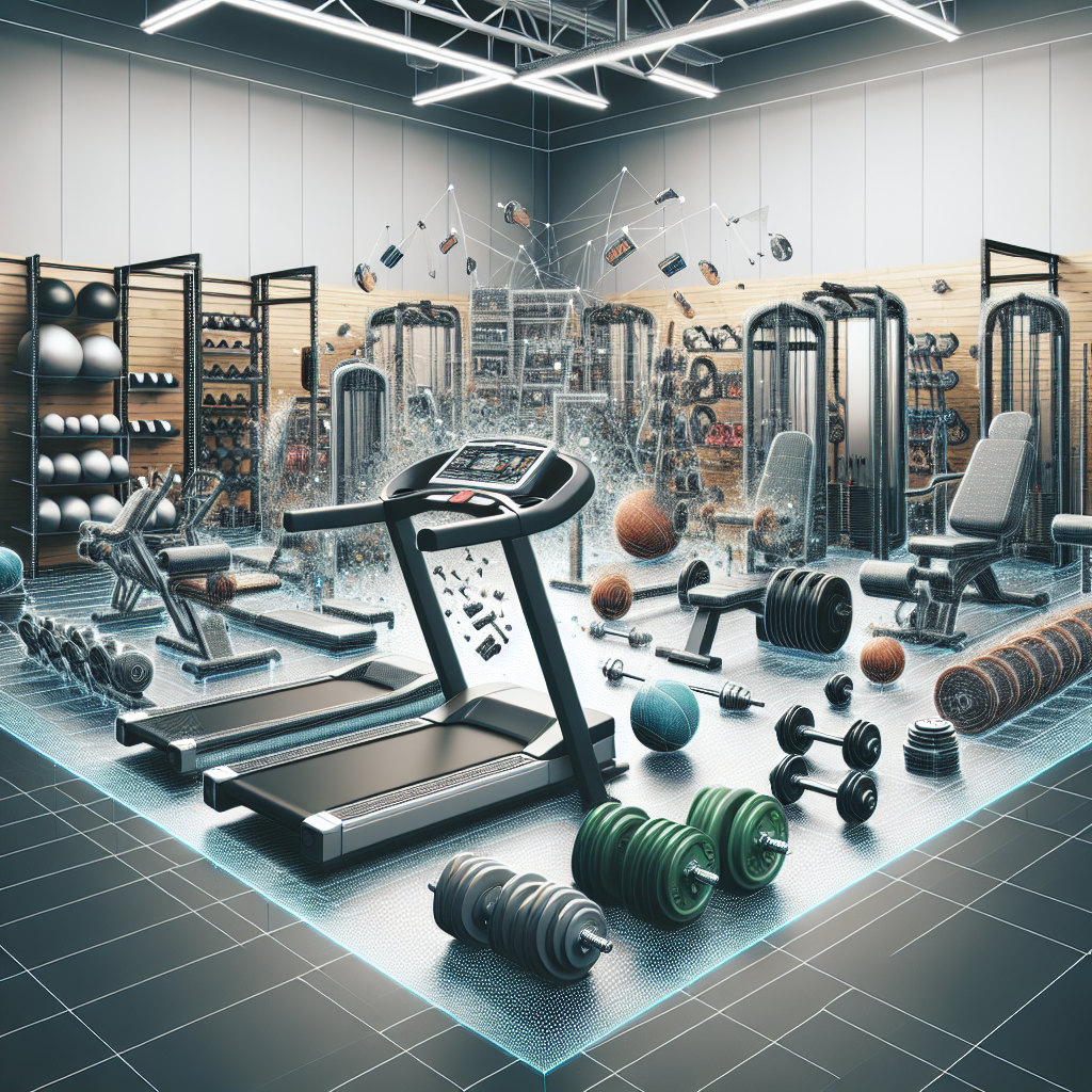 A realistic image of a gym equipment sale with various machines and weights neatly arranged in a store setting.