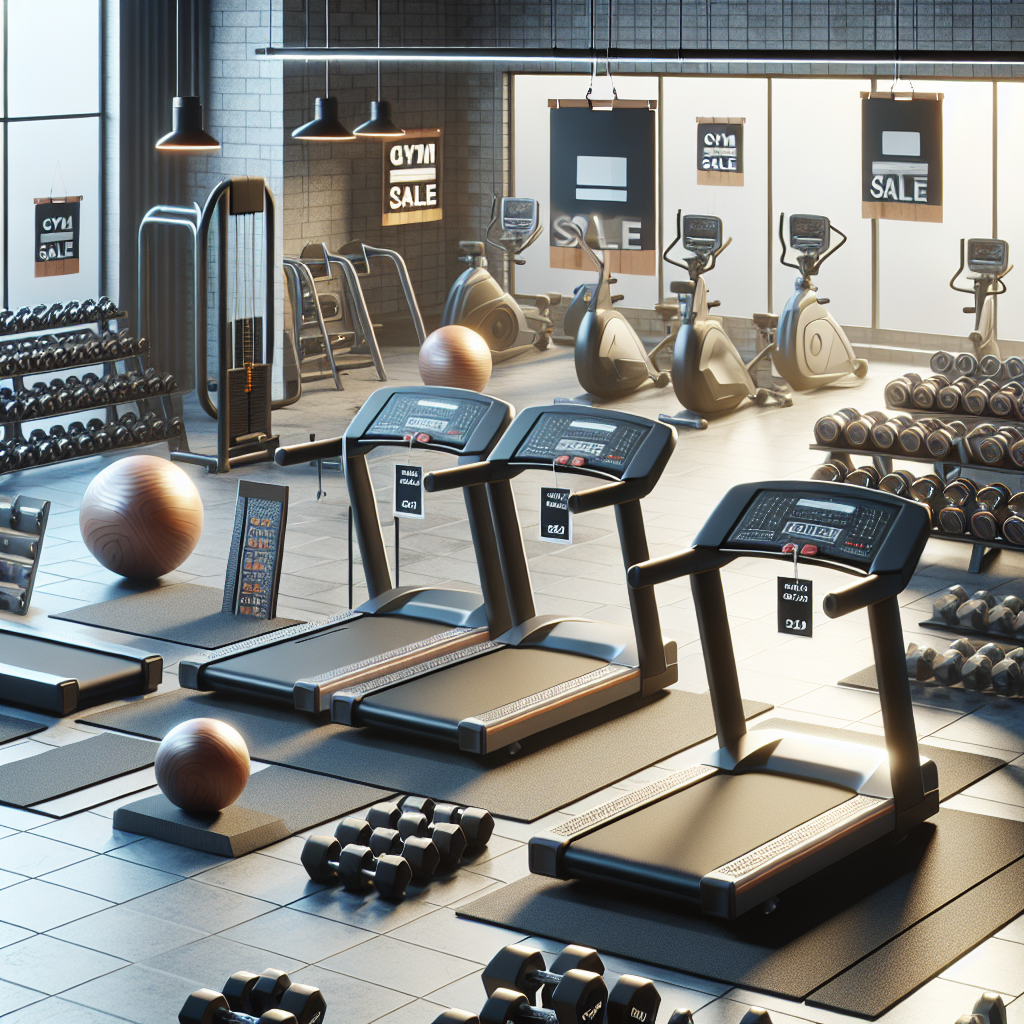 A gym equipment sale featuring various high-quality fitness machines in a modern, well-lit gym setting.