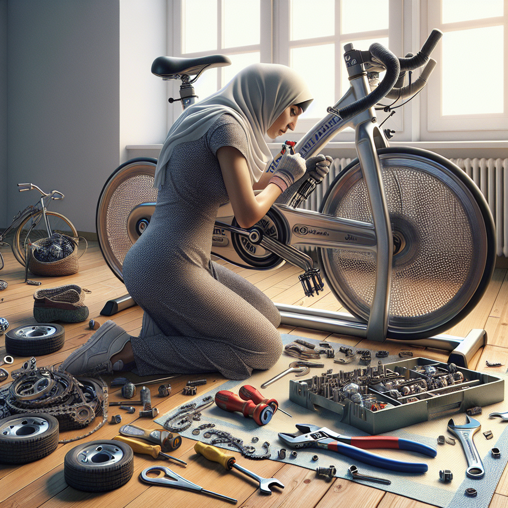 An exercise bike being repaired with tools around in a well-lit room.