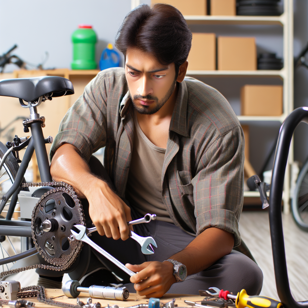 A person repairing an exercise bike in a realistic home or garage setting.