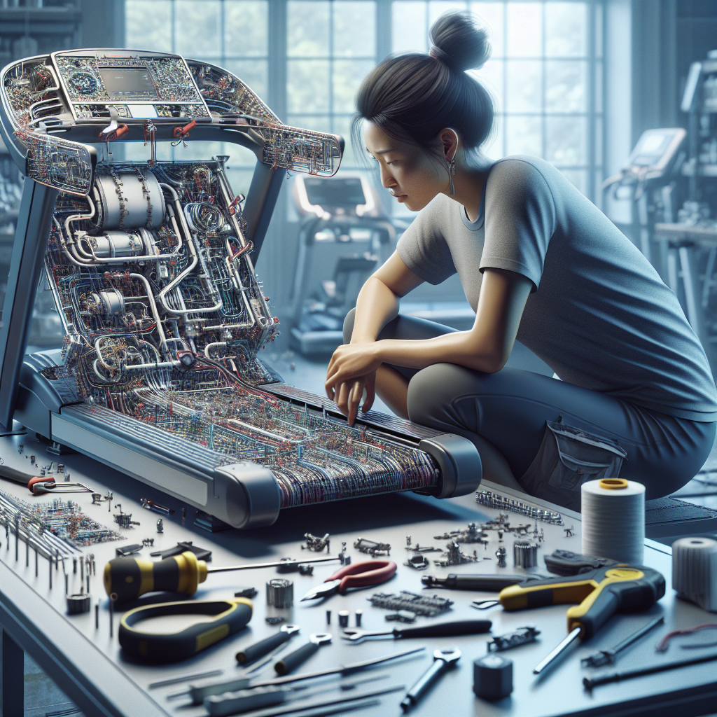 A technician repairing a treadmill with tools around.