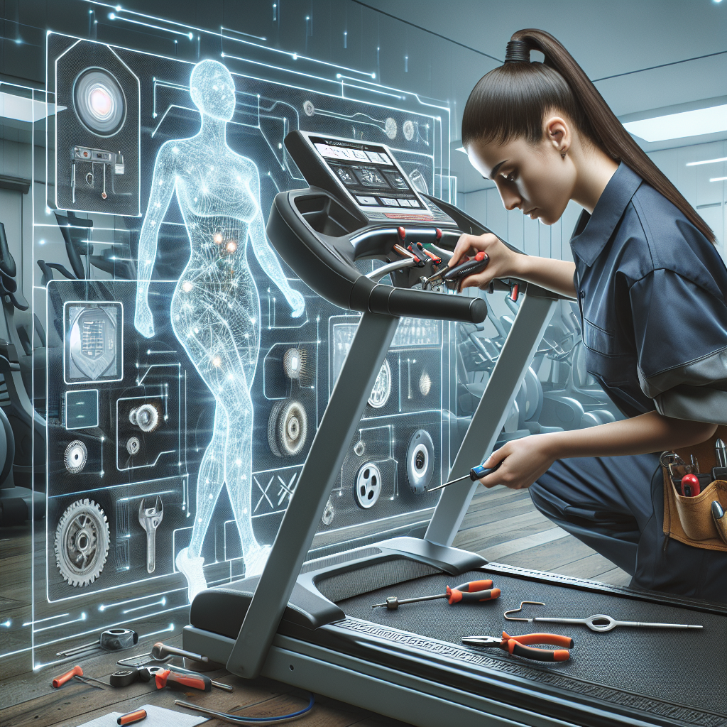 A technician repairing a treadmill in a modern, well-lit room.