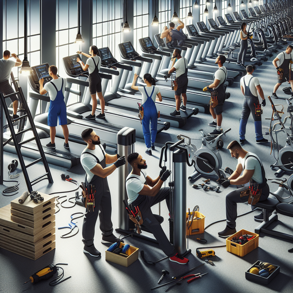 Professional gym installation setting with workers installing or maintaining gym equipment.