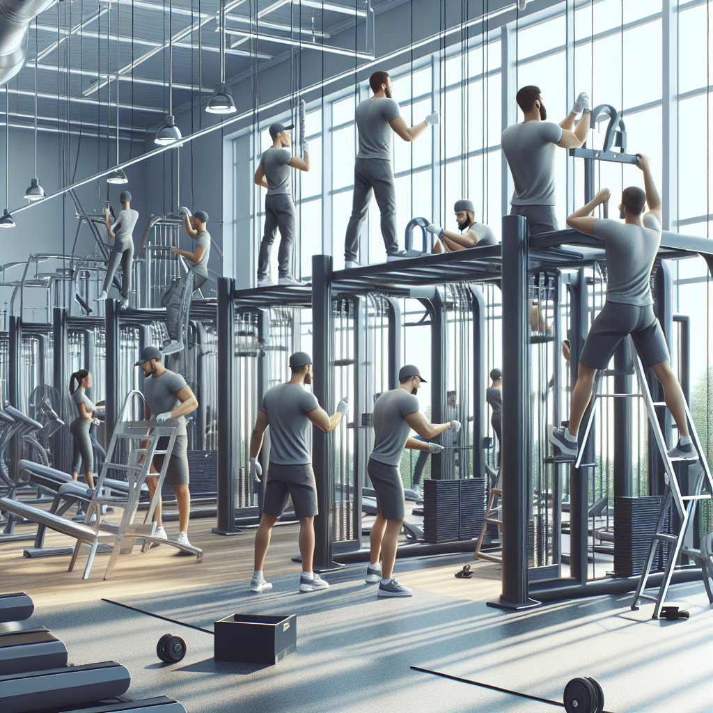 Professionals installing gym equipment in a modern gym setting.