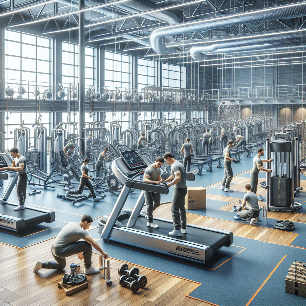 Gym installation professionals setting up equipment in a modern gym.