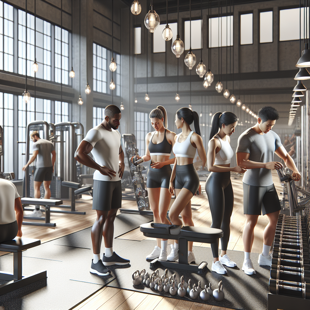 A realistic image of professional trainers installing gym equipment in a modern gym.