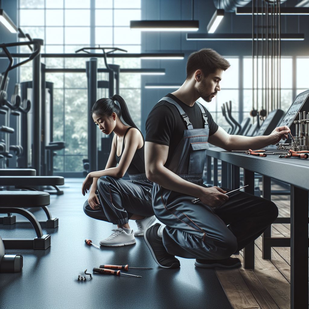 Technicians repairing gym equipment in a realistic setting.