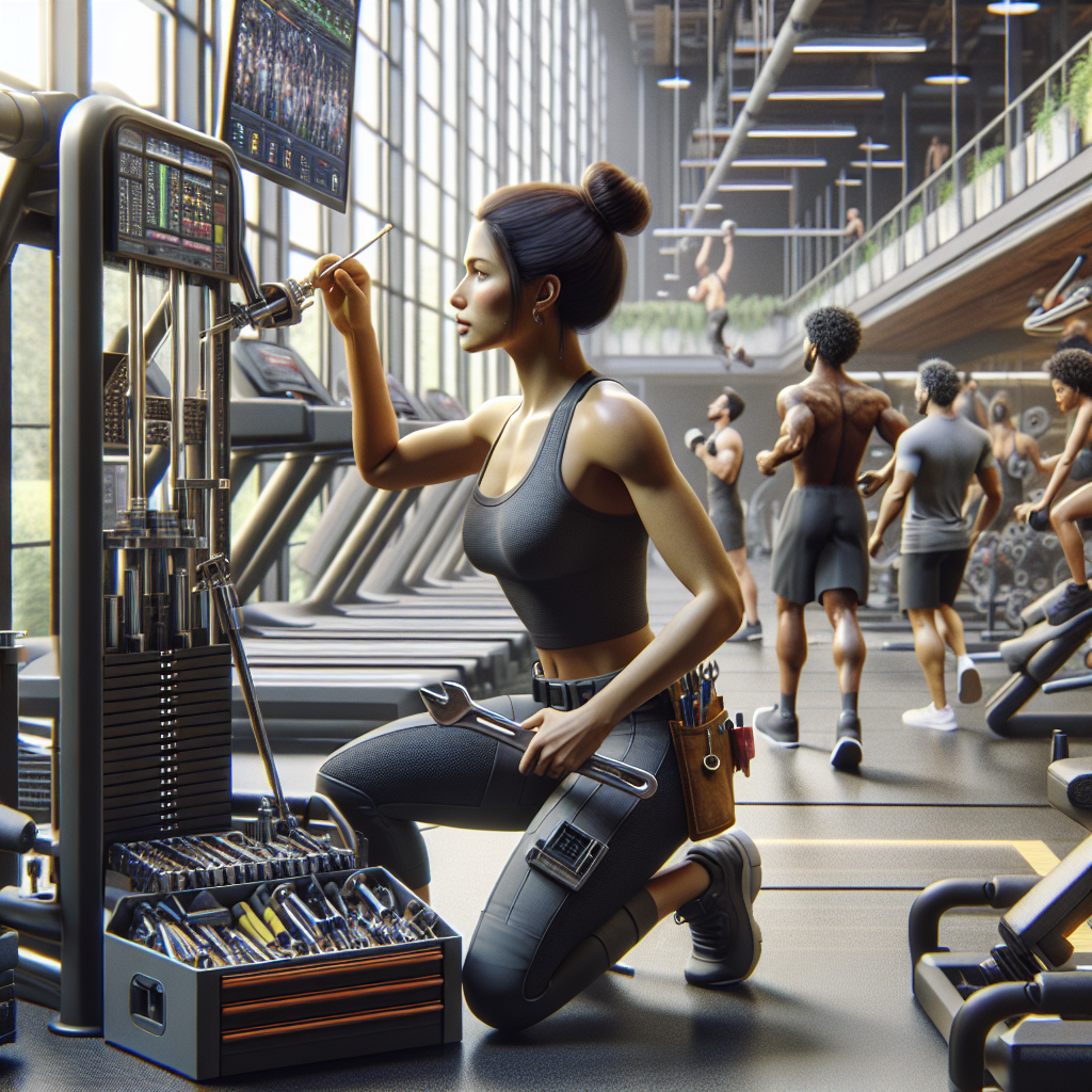 A detailed and realistic depiction of a technician repairing gym equipment in a bustling gym environment.