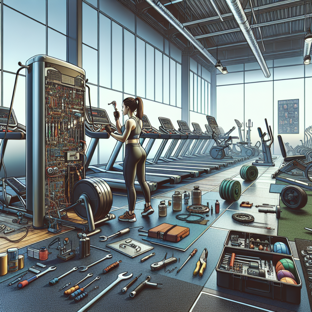 A realistic image of gym equipment being repaired.