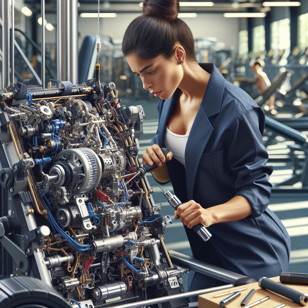 Professional technician repairing fitness equipment in a modern gym.