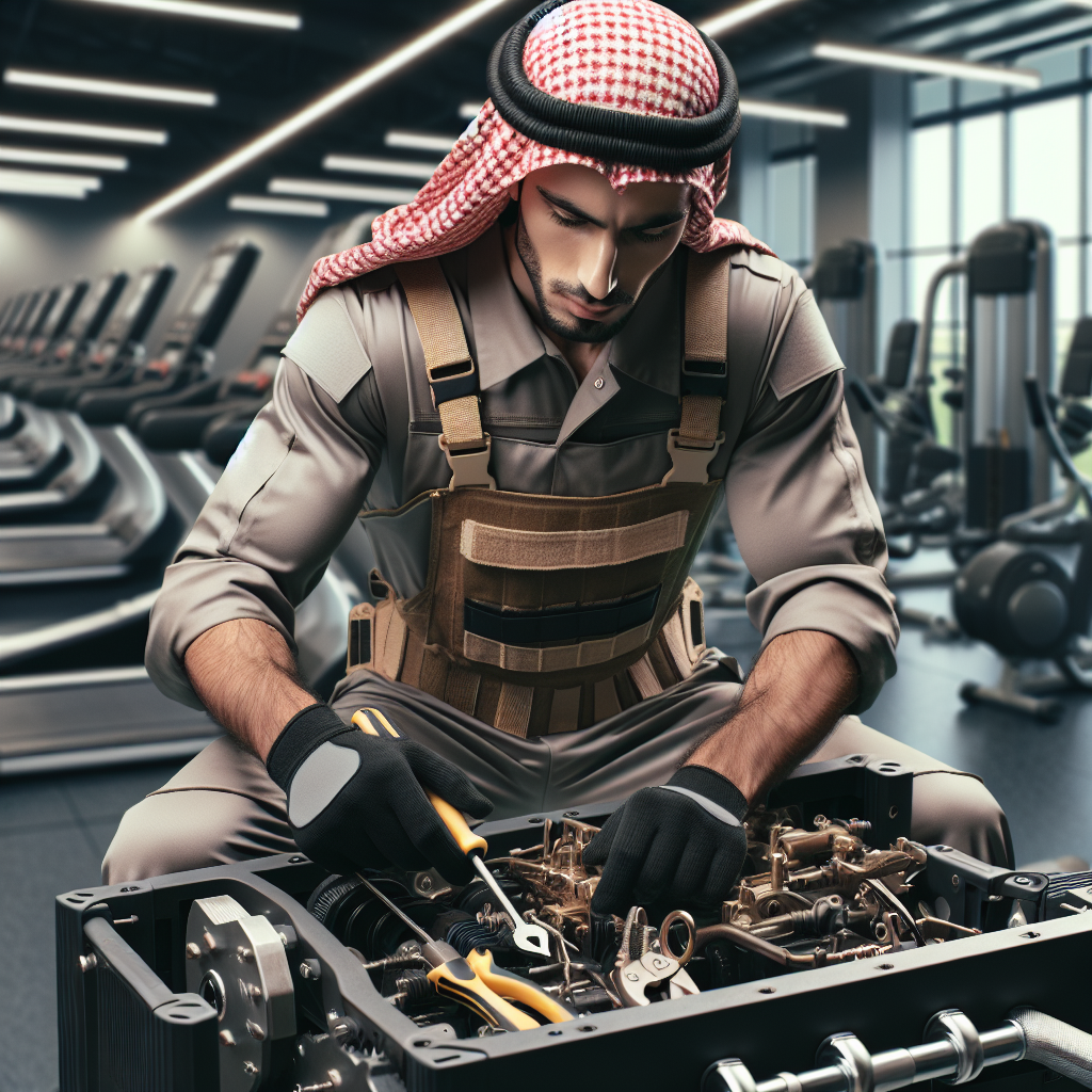 Technician repairing fitness equipment in a well-lit gym, with various machines in the background.