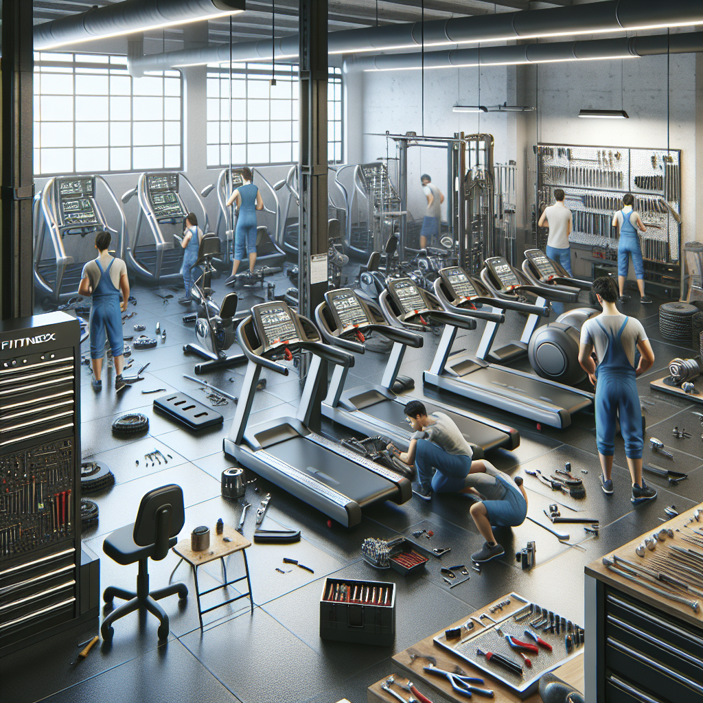 A realistic scene of a fitness equipment repair workshop with various machines being serviced by technicians.