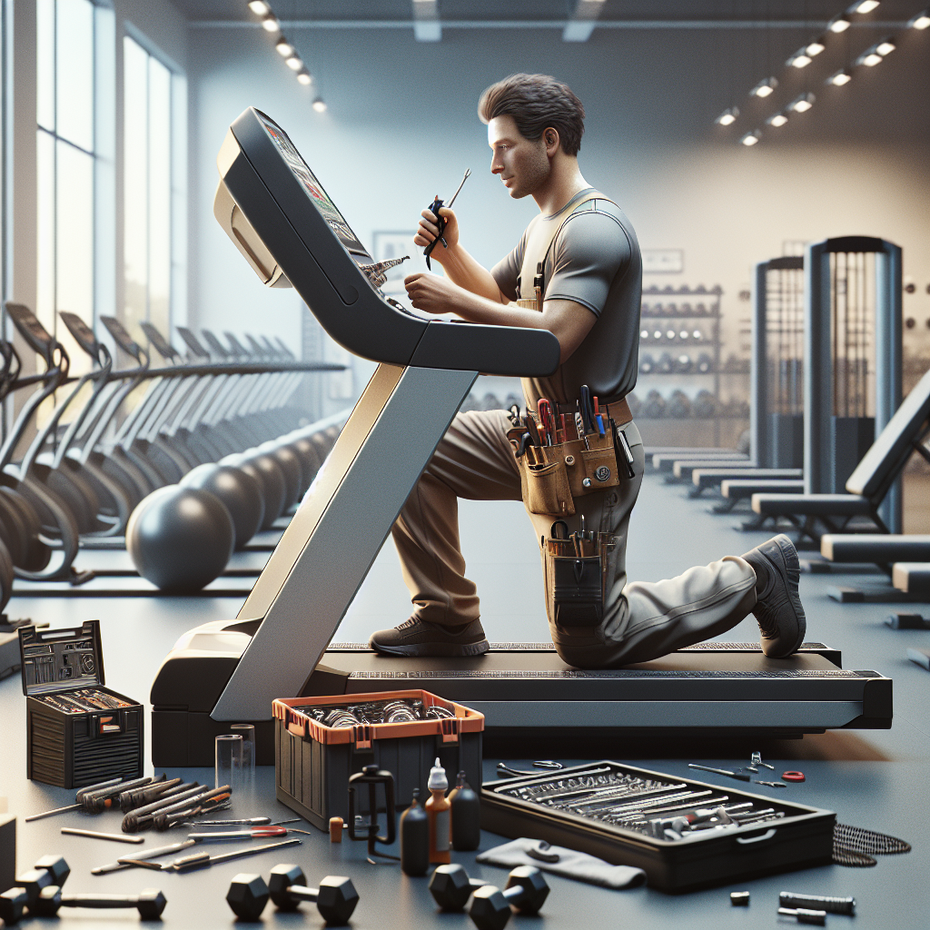 Technician repairing fitness equipment in a gym.