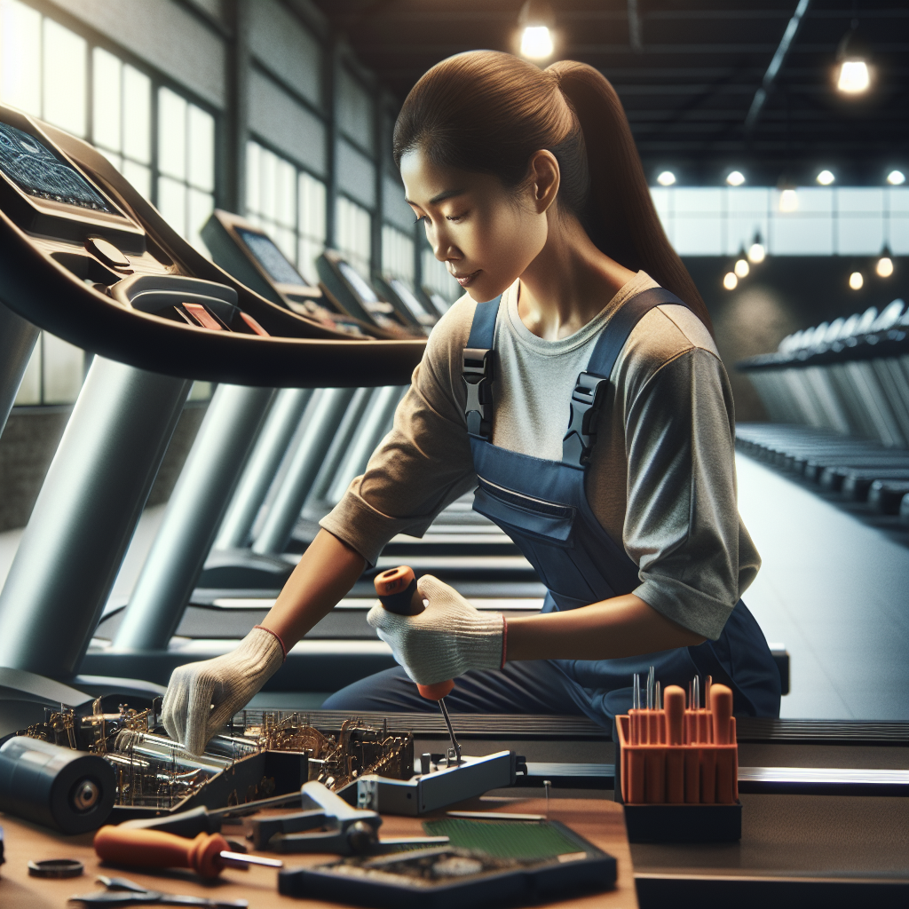 A professional technician repairing a treadmill in a modern gym.