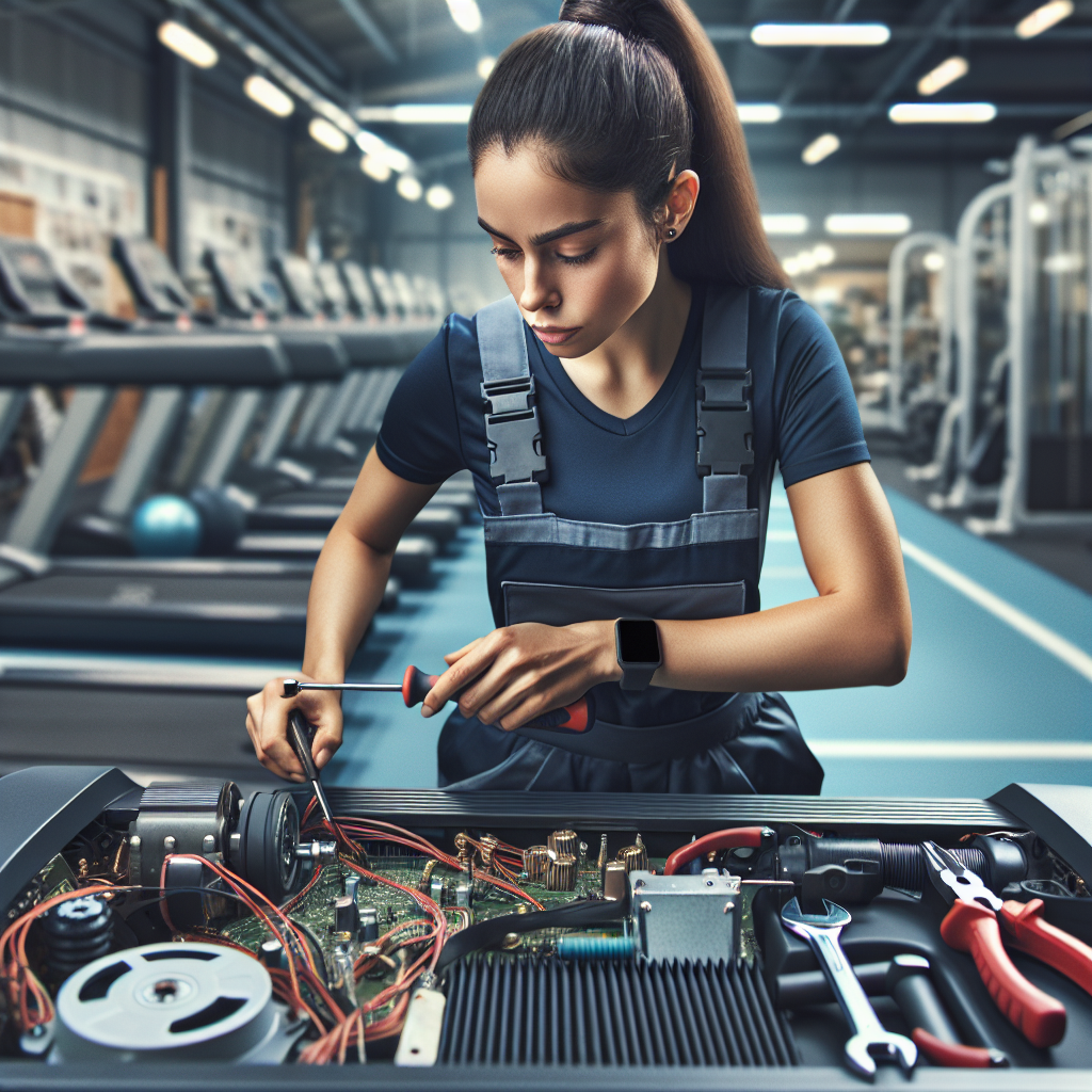 A professional technician repairing a treadmill in a gym with realistic details.