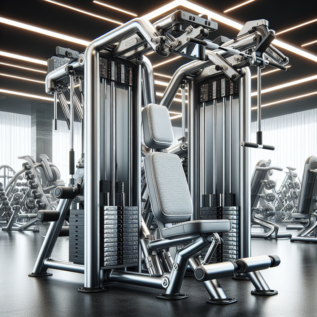 A detailed, realistic depiction of a multi-station weight machine in a modern gym.