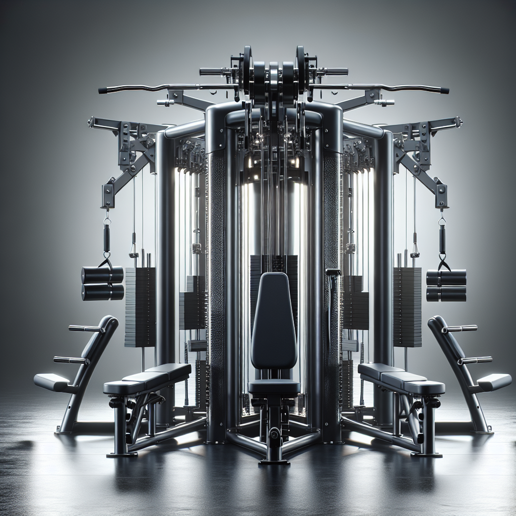 A realistic depiction of a multistation weight machine in a modern gym setting.