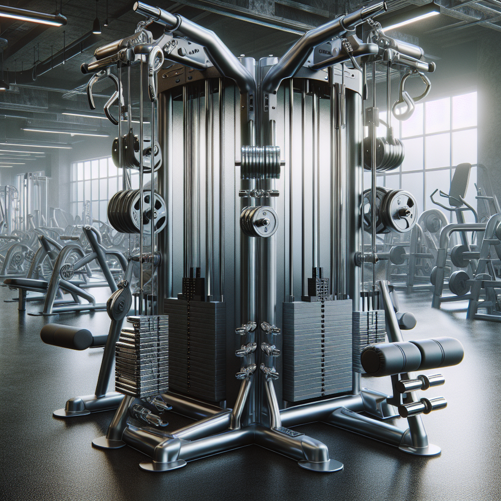 A realistic image of a multistation weight machine in a gym setting.