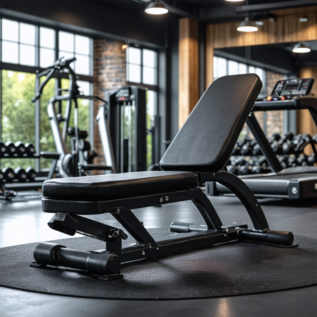 An immaculate gym interior focusing on a high-end bench press with new black upholstery, surrounded by gym equipment.