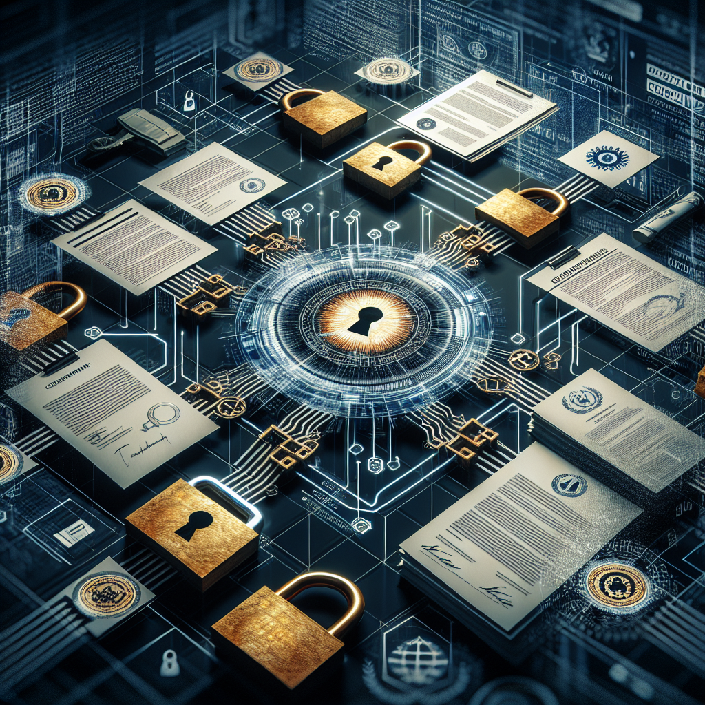 An artistic representation of the intersection between cybersecurity and compliance, demonstrating the concept through symbols of digital security and legal compliance.