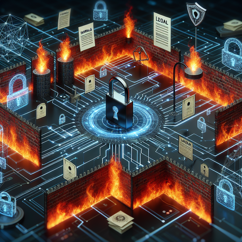 A realistic image depicting the intersection of cybersecurity and compliance, featuring symbols such as padlocks, firewalls, and legal documents intertwined in a network.