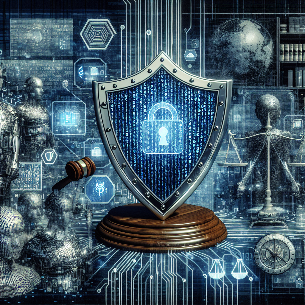 A depiction of cybersecurity and legal compliance intersection with digital and legal icons.