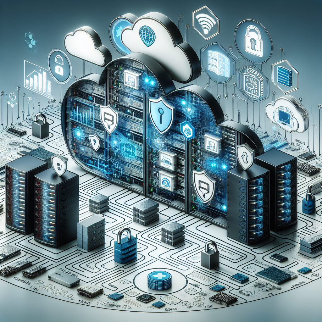 Modern cloud computing environment with a focus on compliance and security, with symbolic locks and protective shields.