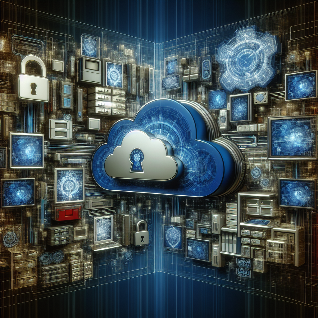 An image showcasing cloud security and compliance, with advanced cybersecurity visuals in a cloud computing setting.
