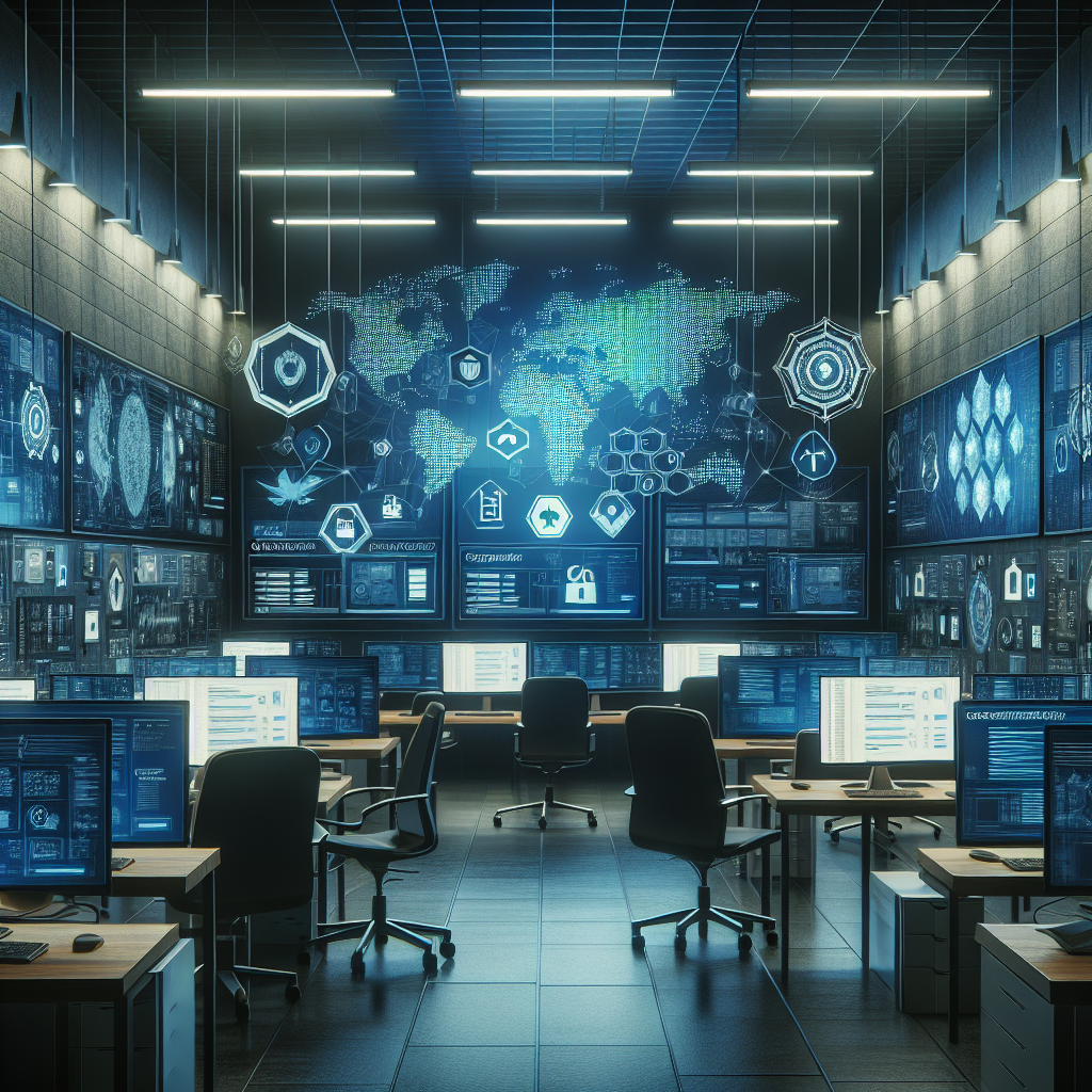 Image showcasing a modern cybersecurity compliance office setup with high-tech equipment and cybersecurity themes.