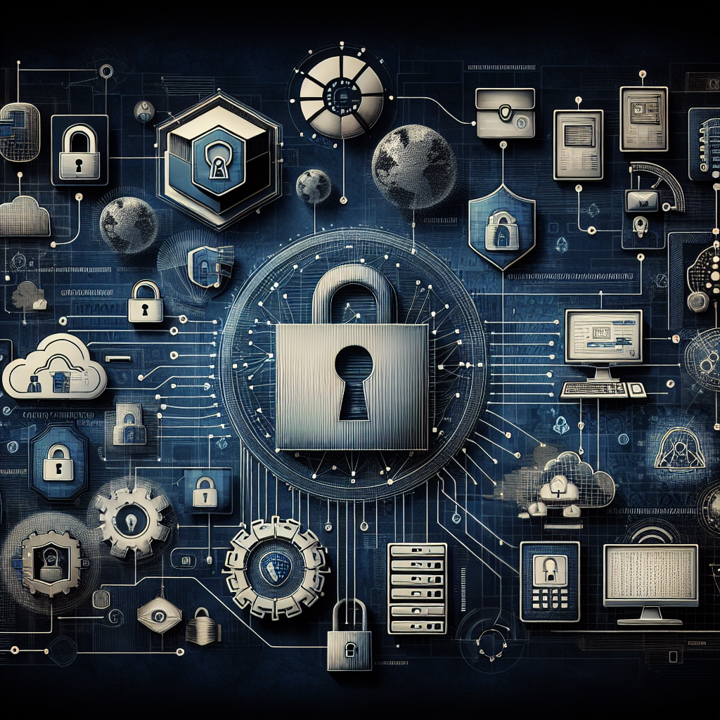 A realistic illustration of cybersecurity compliance elements like padlocks, secure networks, digital interfaces, and firewalls.