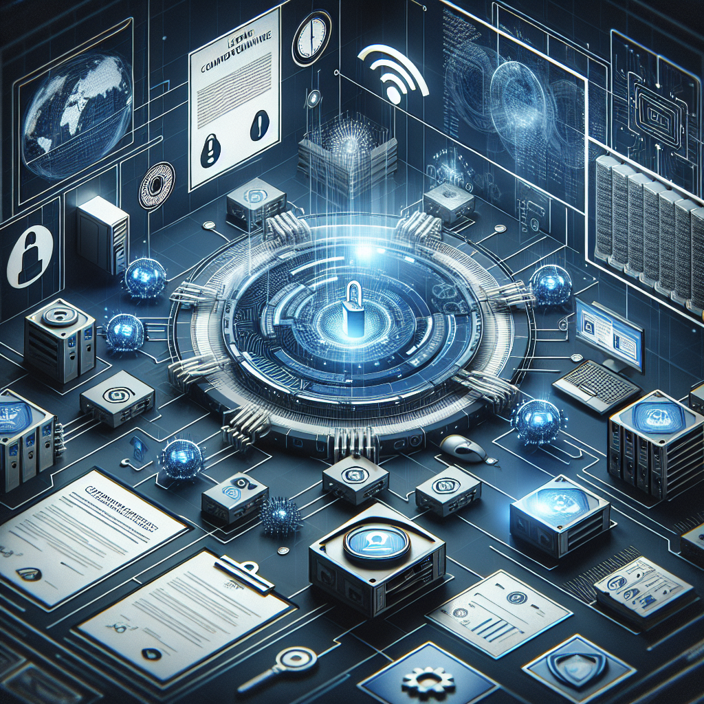 An image representing cybersecurity compliance, with network security elements and legal documentation.