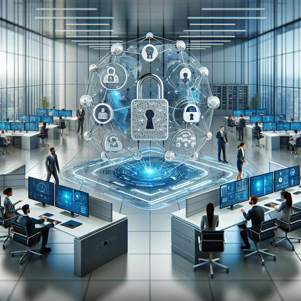 An image depicting cybersecurity compliance in a corporate environment with secure networks and professionals.