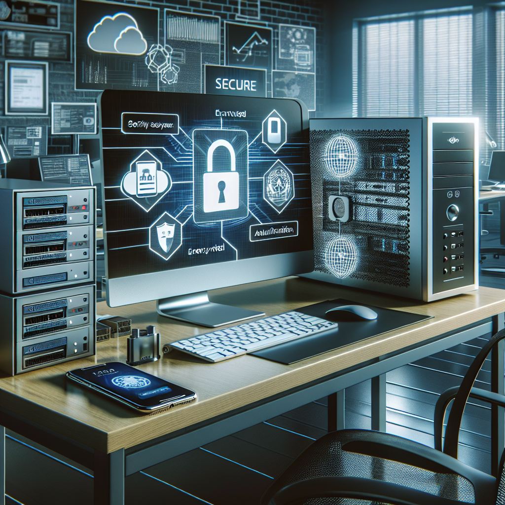 High-tech security solutions for office 365 including a computer, firewall appliance, encrypted drives, and a smartphone with two-factor authentication in a realistic style.