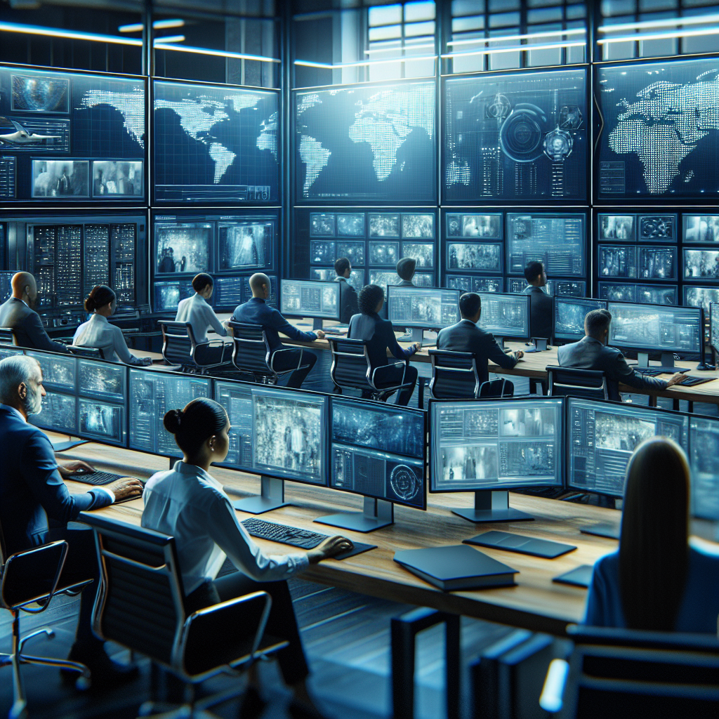 A security operations room with professionals monitoring various security systems.