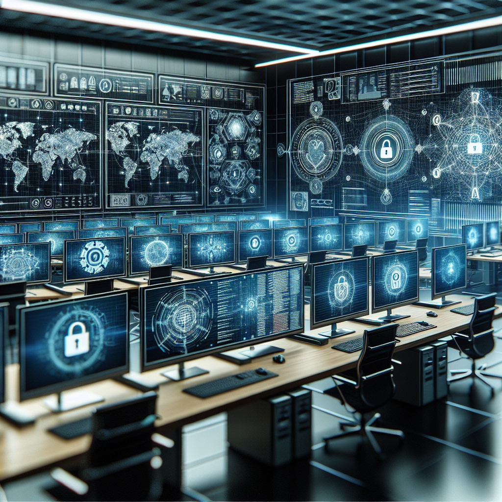 Cybersecurity office setup with computers displaying security interfaces.