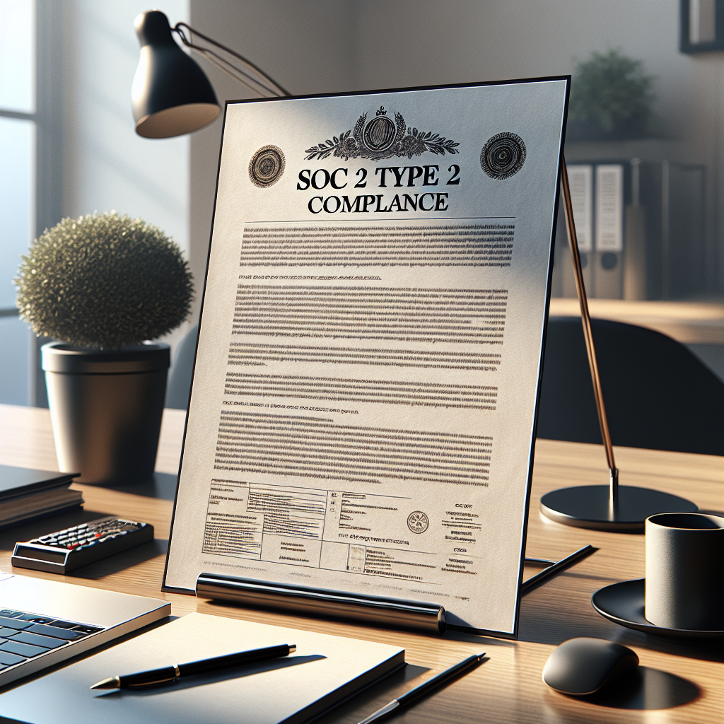 Realistic image of SOC 2 Type 2 compliance document on a modern office desk.