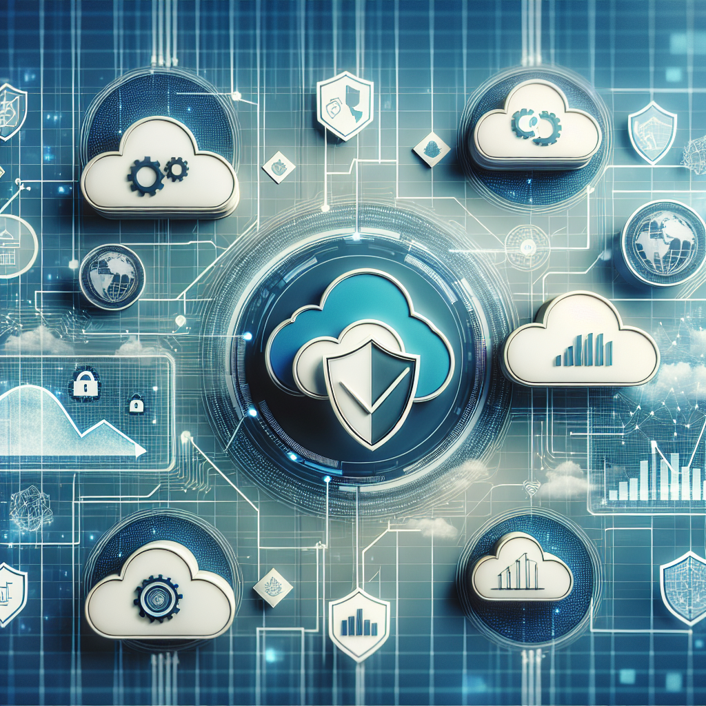 Risk management in Google Cloud Platform representation with cloud icons, security shields, and data analytics.