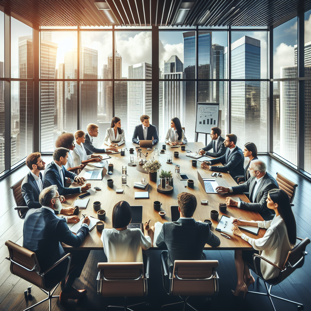 Modern office meeting room with a team of professionals having a strategy discussion.