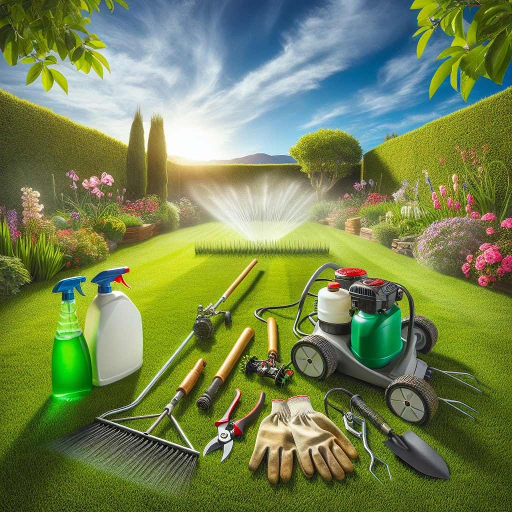 A lush, green lawn in Boise with gardening tools, indicating professional weed control services.