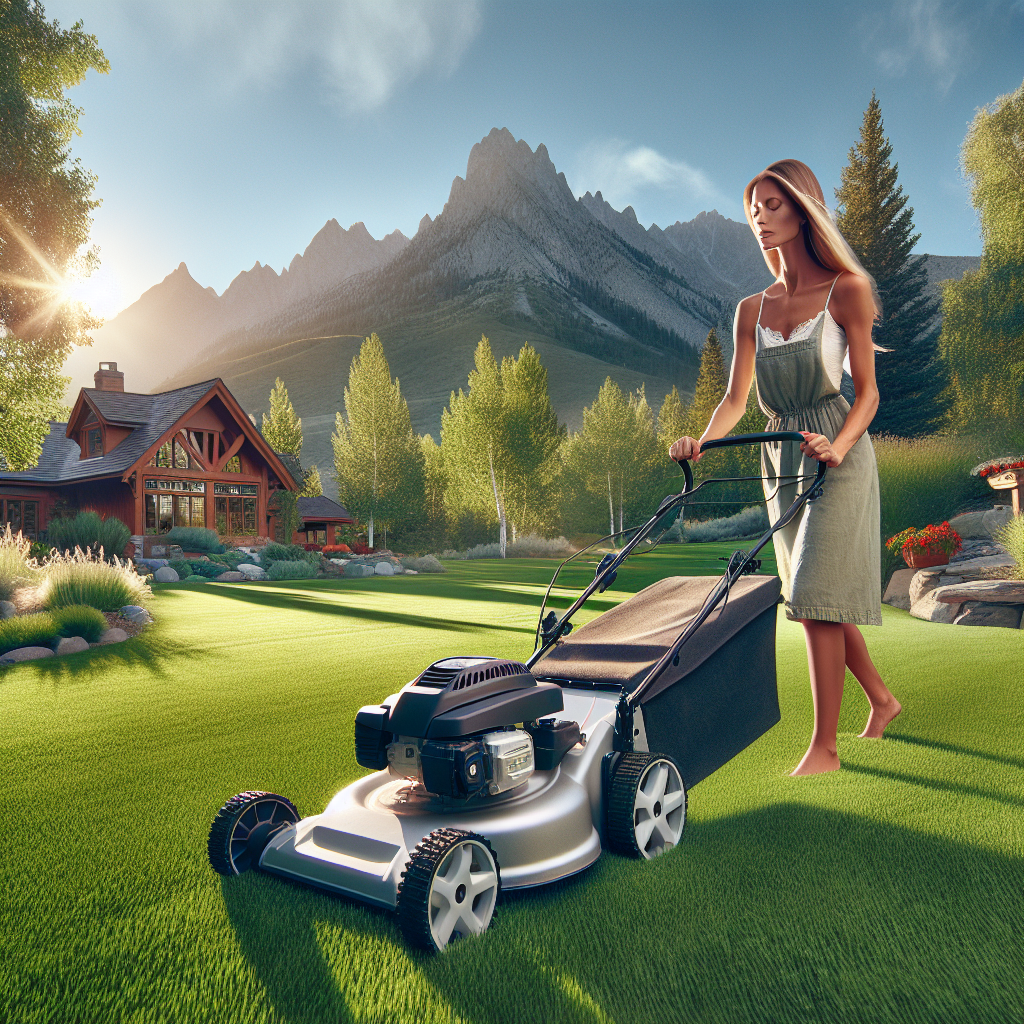 A realistic image of a residential lawn being mowed in Eagle, Idaho, with a lush green yard and natural landscape.