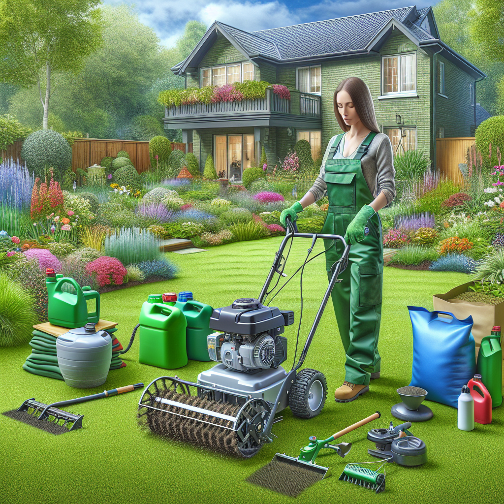 A realistic depiction of full-service lawn care showcasing mowing, aeration, and gardening tools in a residential backyard.