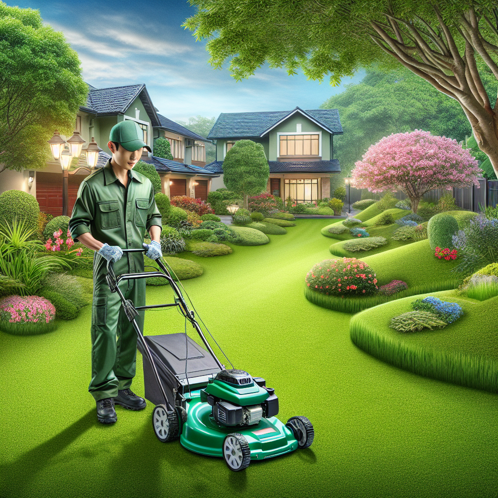 A realistic depiction of a well-maintained lawn with a gardener mowing, blooming flowers, and a healthy tree under a clear blue sky.