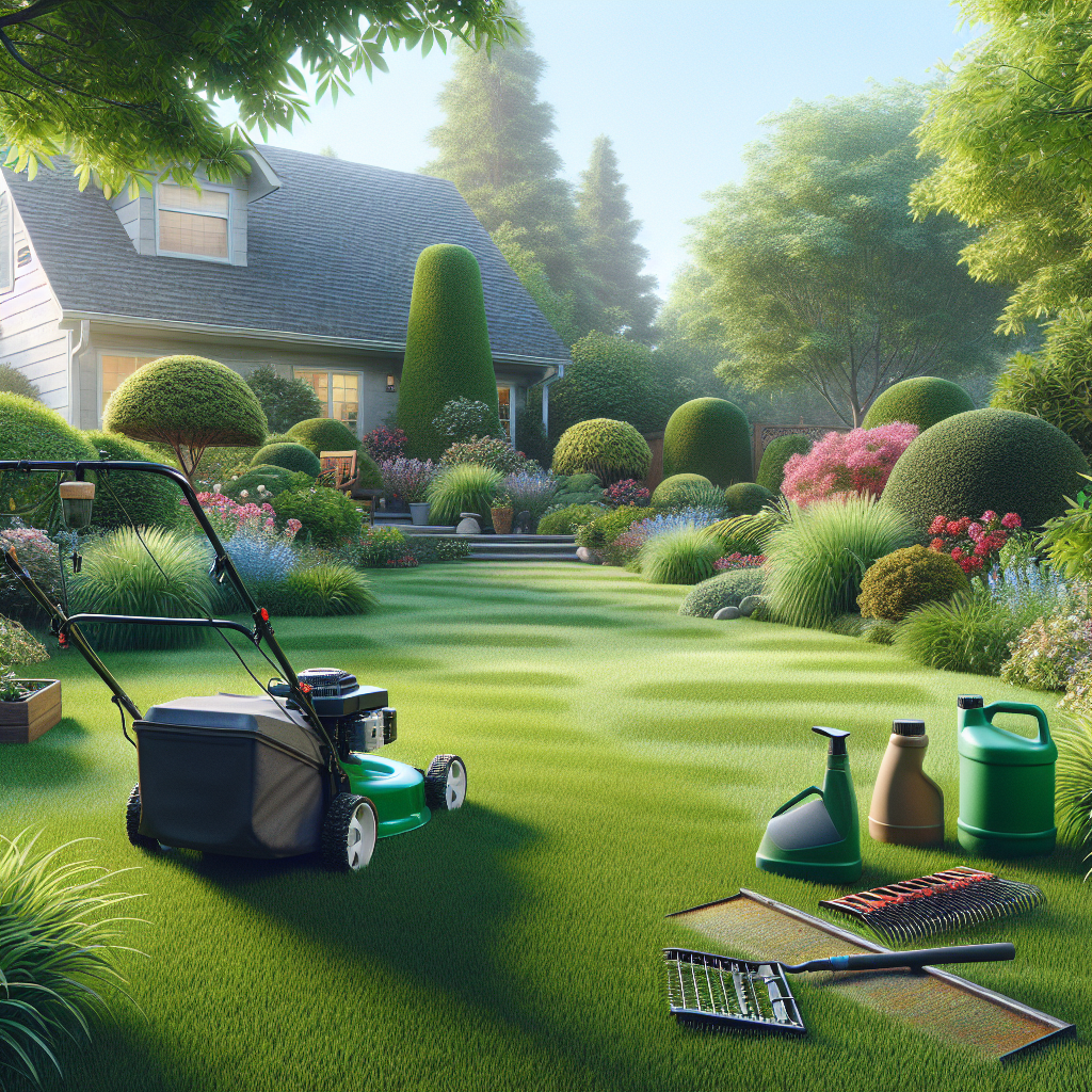 A well-maintained suburban lawn with garden tools and lawn care equipment.