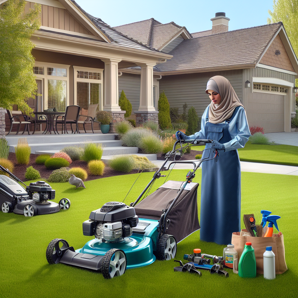 A gardener pushing a lawnmower on a lush, green lawn in a Boise suburb, with gardening tools in view.