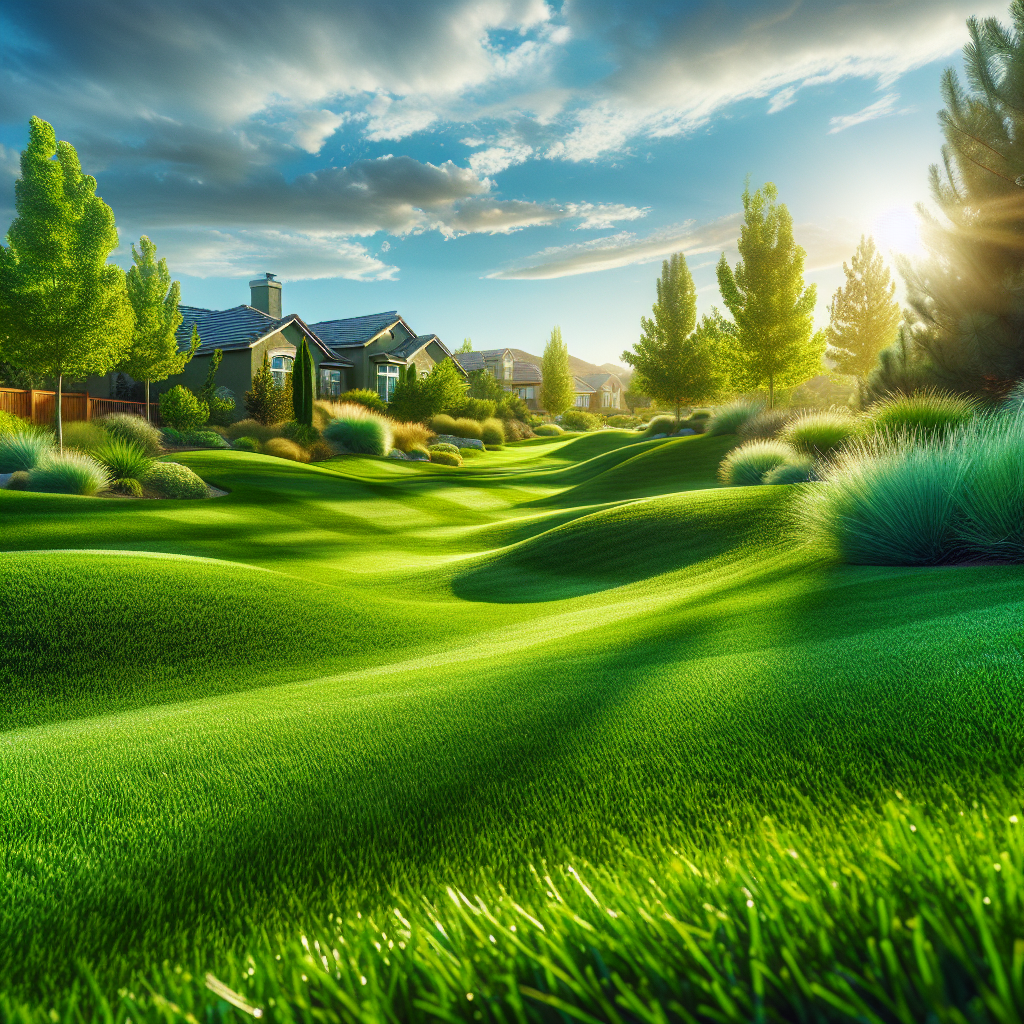 A vibrant, healthy green lawn treated with organic methods in Boise under a clear blue sky.