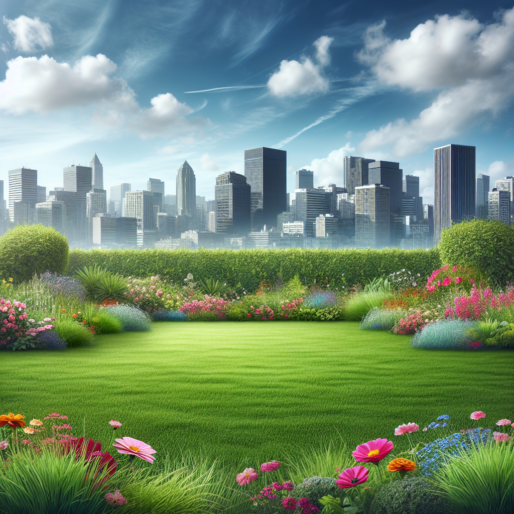 A lush green lawn treated with organic products, with blooming flowers and a Boise skyline in the background.